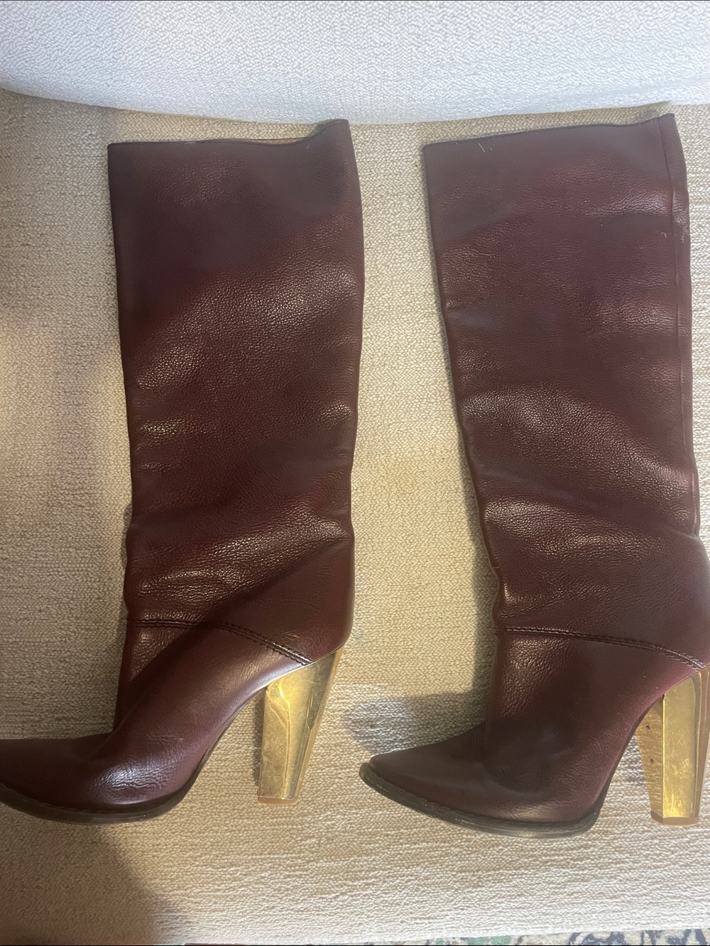 Dolce & Gabbana Burgundy Leather Knee-High Boots with Gold Block Heels